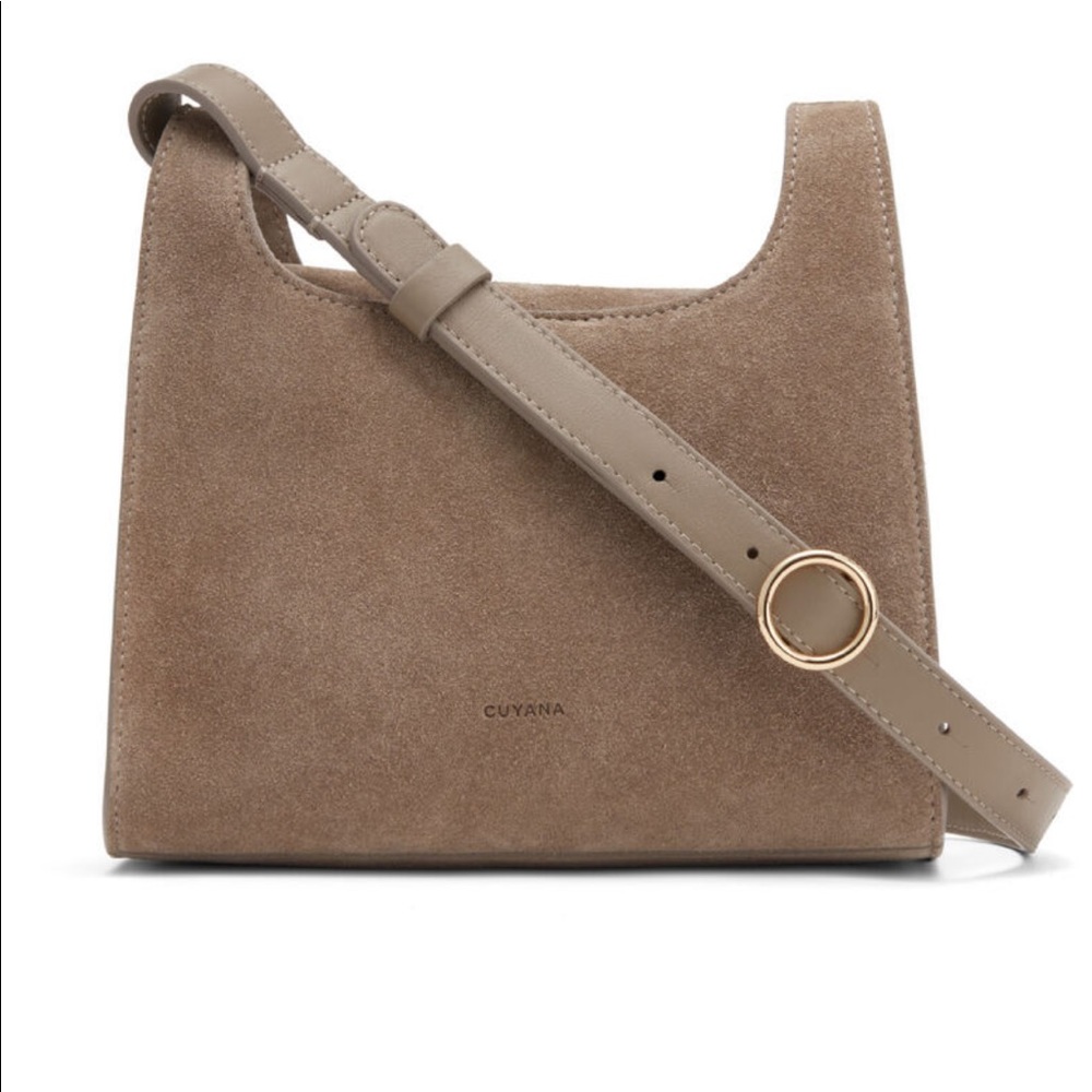 Cuyana mini double loop bag in taupe suede